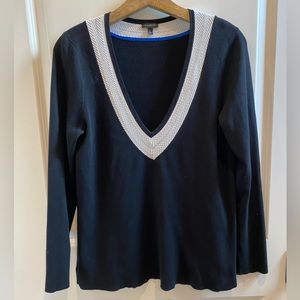 Talbots Black White Trim V-Neck Sweater, Size L